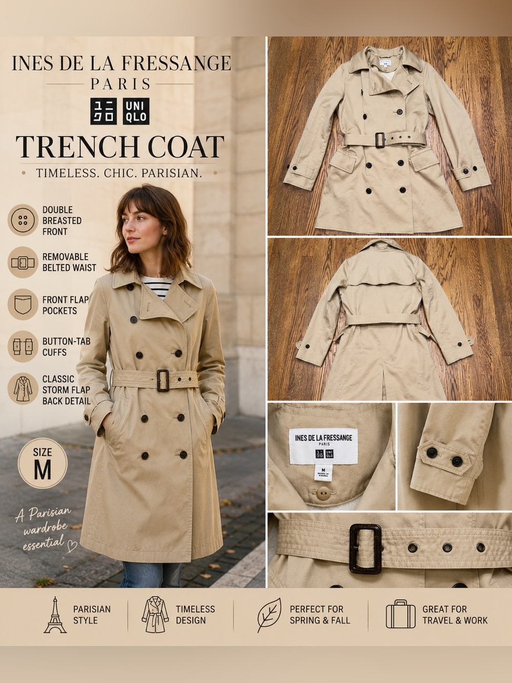 Ines de la Fressange x Uniqlo Beige Trench Coat Women’s Medium Belted
